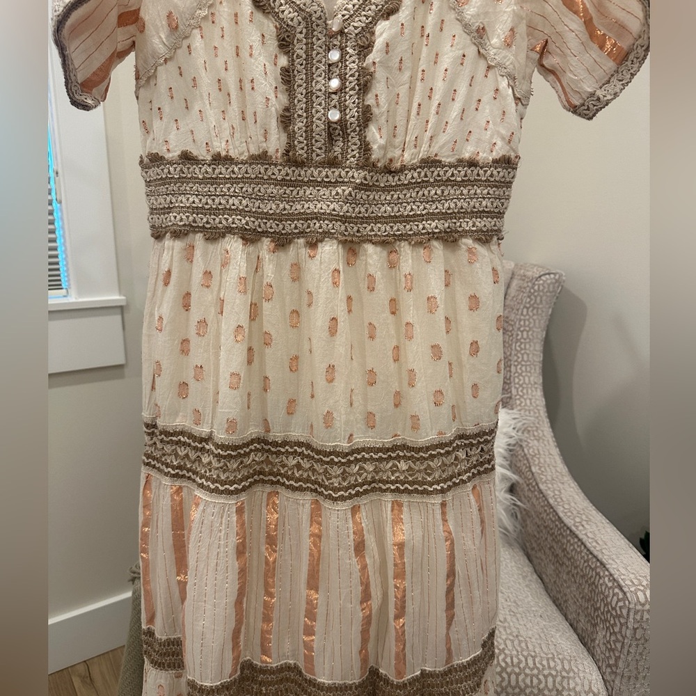 Boho Metallic Thread Maxi Dress | Cream Rose Gold Embroidered | Crochet Trim | - Picture 4 of 7